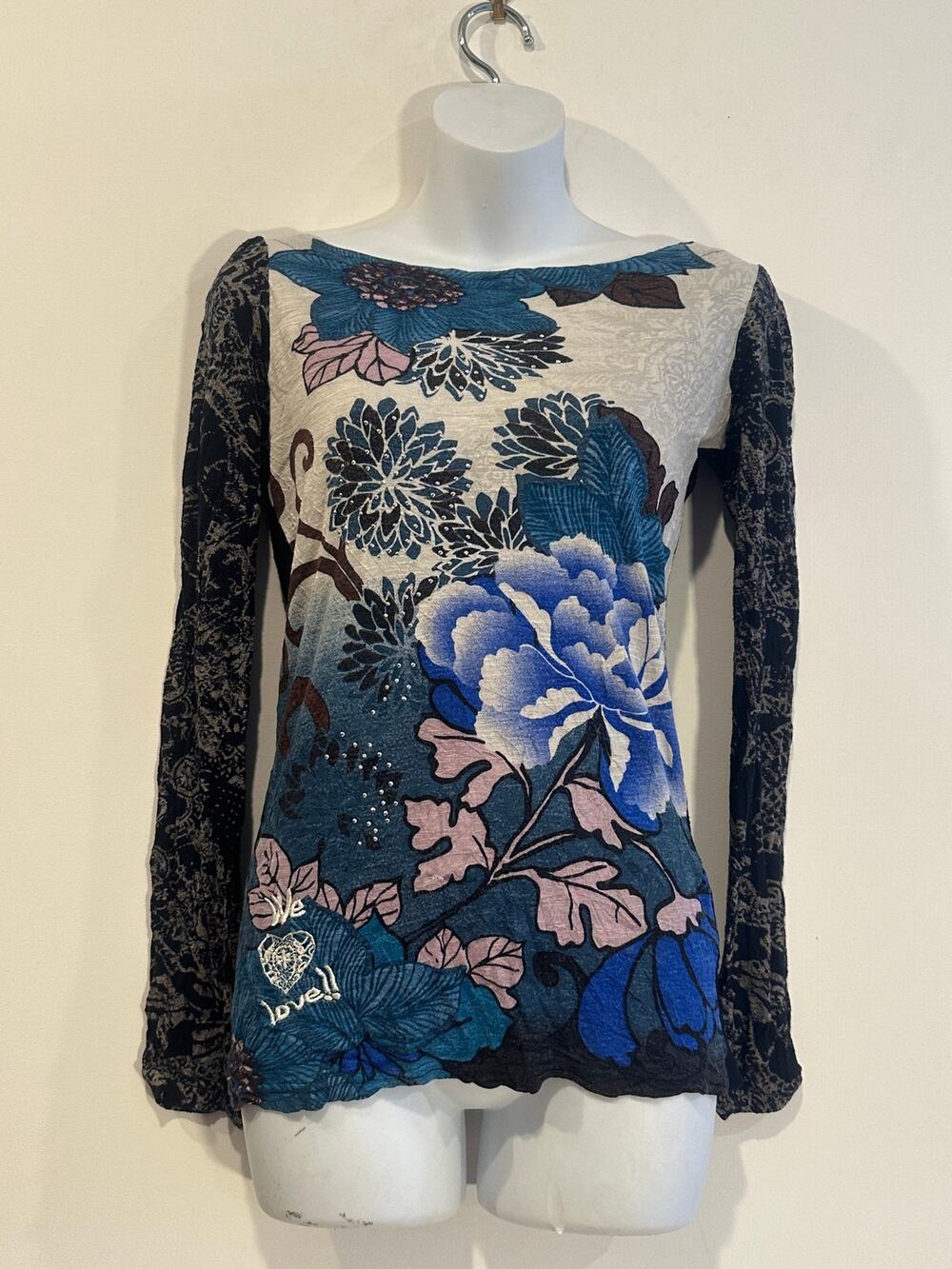 Vintage Desigual Blue Watercolor Floral Lace Sleeve Rhinestone Top Small